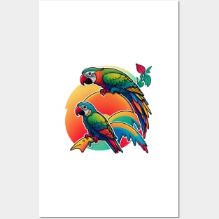 macaw in front of a vintage sunset, vintage design vector graphics, contour, Posters and Art